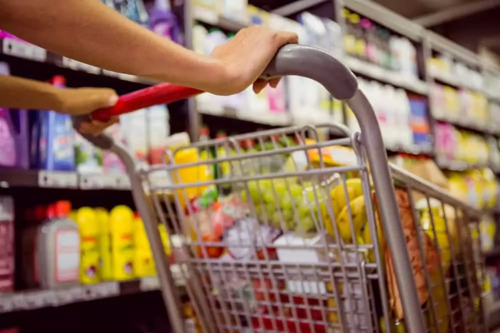 person pushing a cart full of groceries in a store