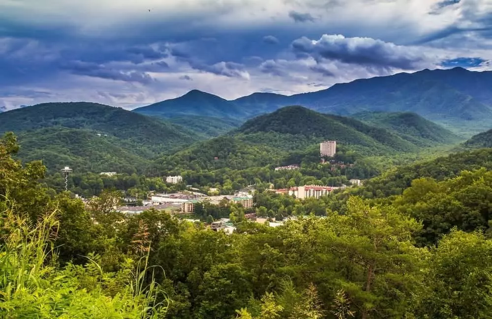 A scenic photo of Gatlinburg in the mountains.