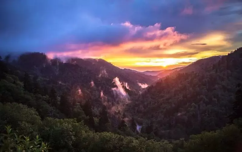 Dramatic sunset in the mountains of Gatlinburg TN.