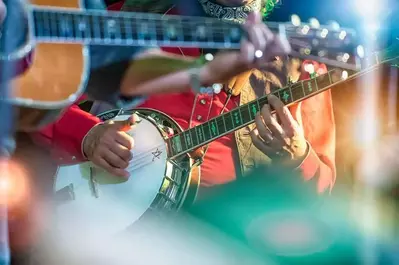 A band with musicians playing the banjo and guitar.