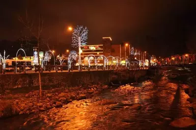 Christmas lights beside the river in downtown Gatlinburg.