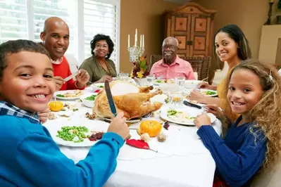 A family gathered around a table for a Thanksgiving meal.