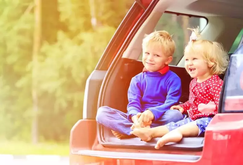 Happy siblings in the car on their way to our vacation cabins in Gatlinburg TN.