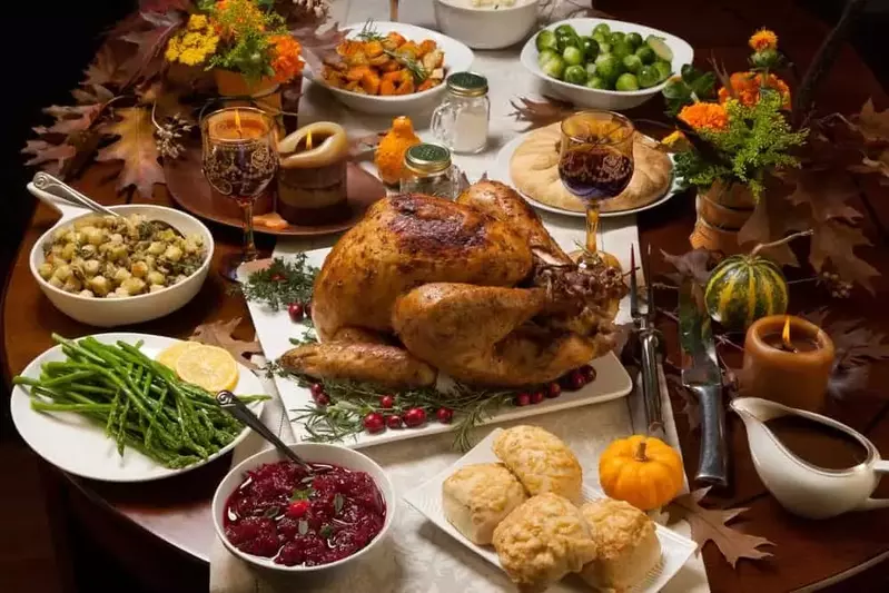 Delicious turkey dinner on a table for vacationers celebrating Thanksgiving in Gatlinburg.