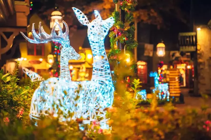 holiday light displays along the street in downtown Gatlinburg